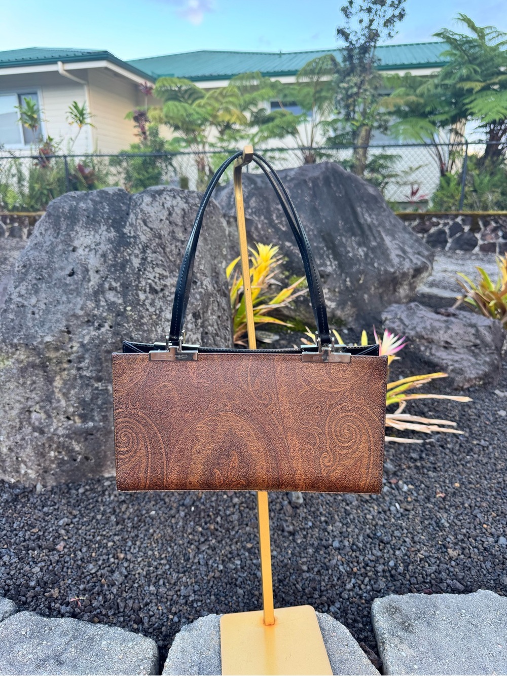 ETRO Milano Made in Italy Paisley Structured Tote Shoulder Bag Brown Black